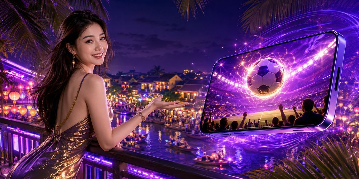 Người dùng đăng nhập tài khoản casino trên điện thoại tại phố cổ Hội An về đêm